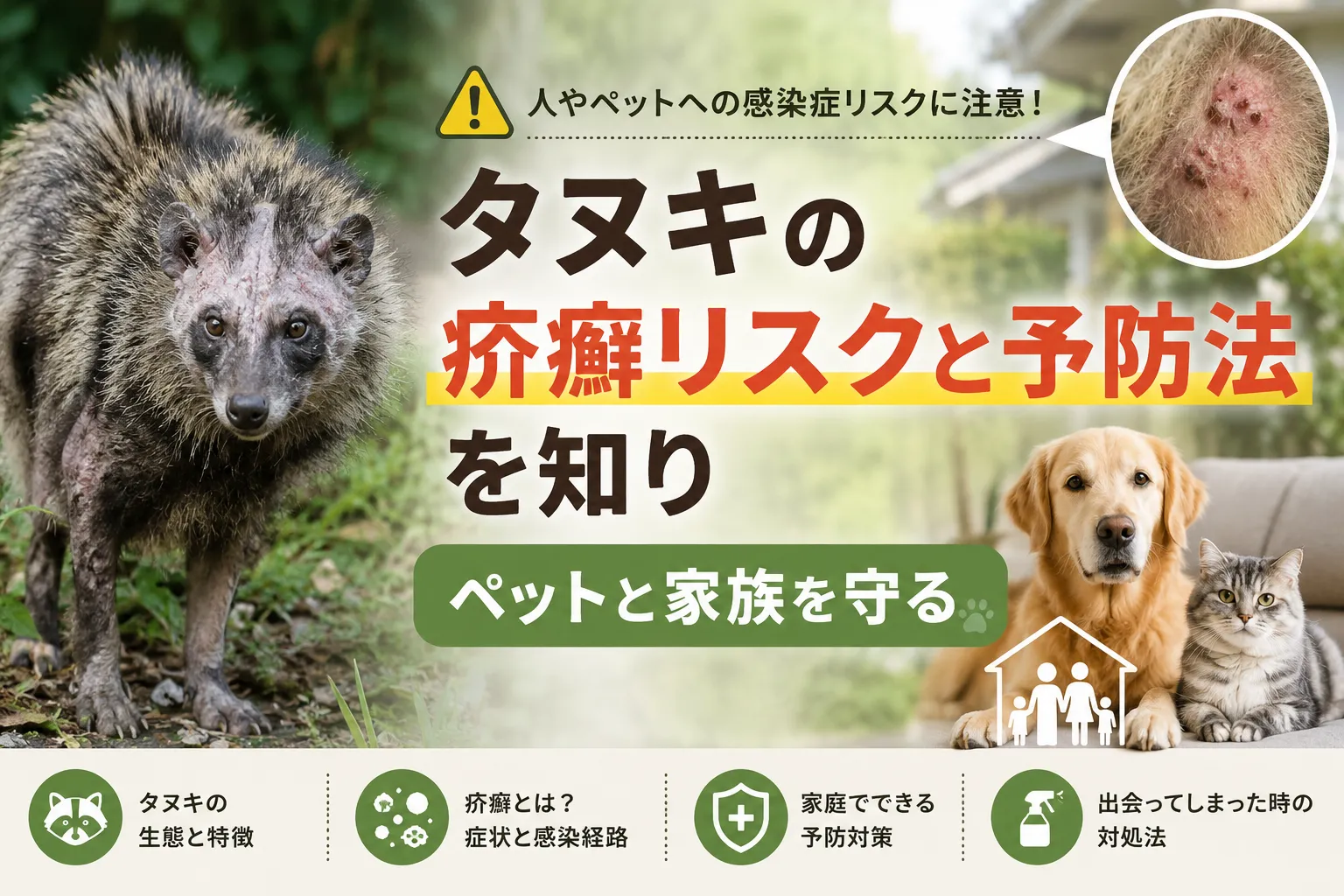 タヌキの疥癬リスクと予防法を知りペットと家族を守る